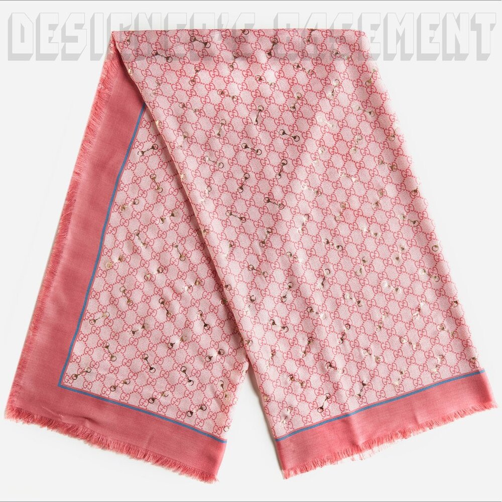 GUCCI pink GG with gold Horsebits print giant 53" - square modal/silk scarf NWT - Picture 6 of 10